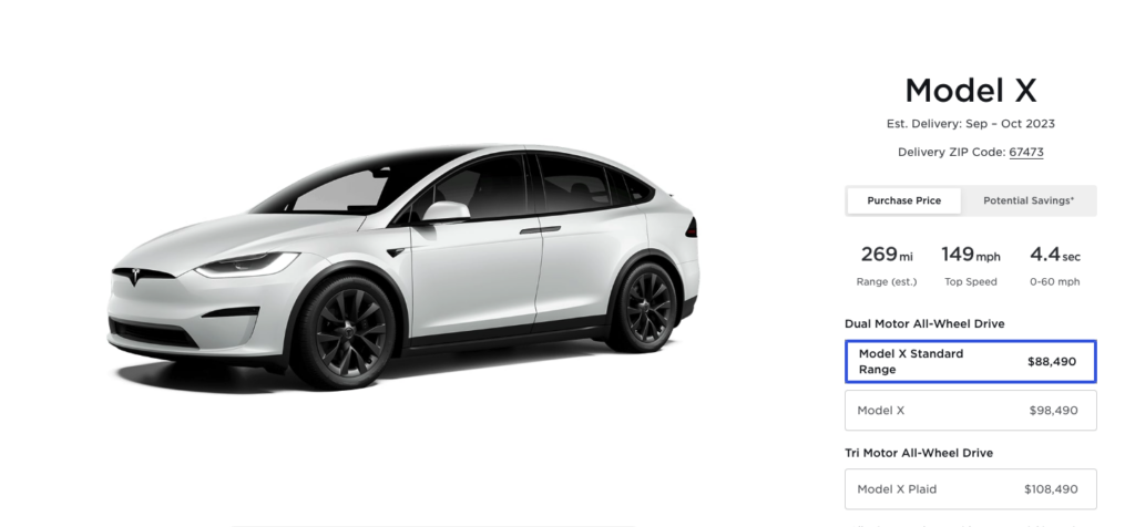 2023 Tesla Model X Standard Range Price